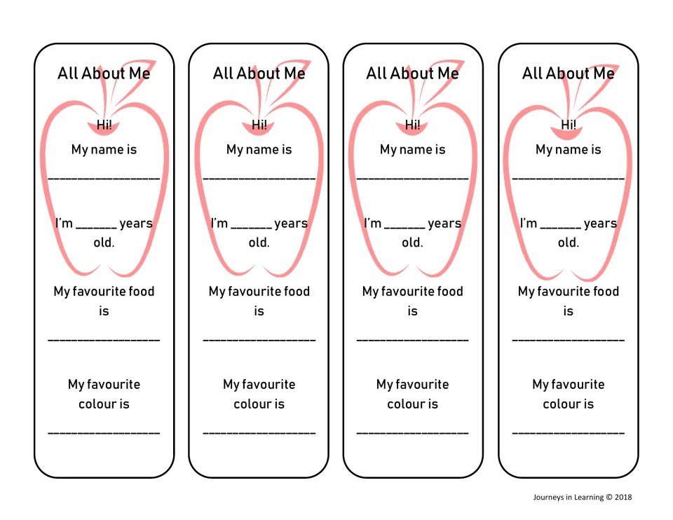 Apple-design bookmarks, UK spelling: four strips with blanks for name, age, favourite food and favourite colour
