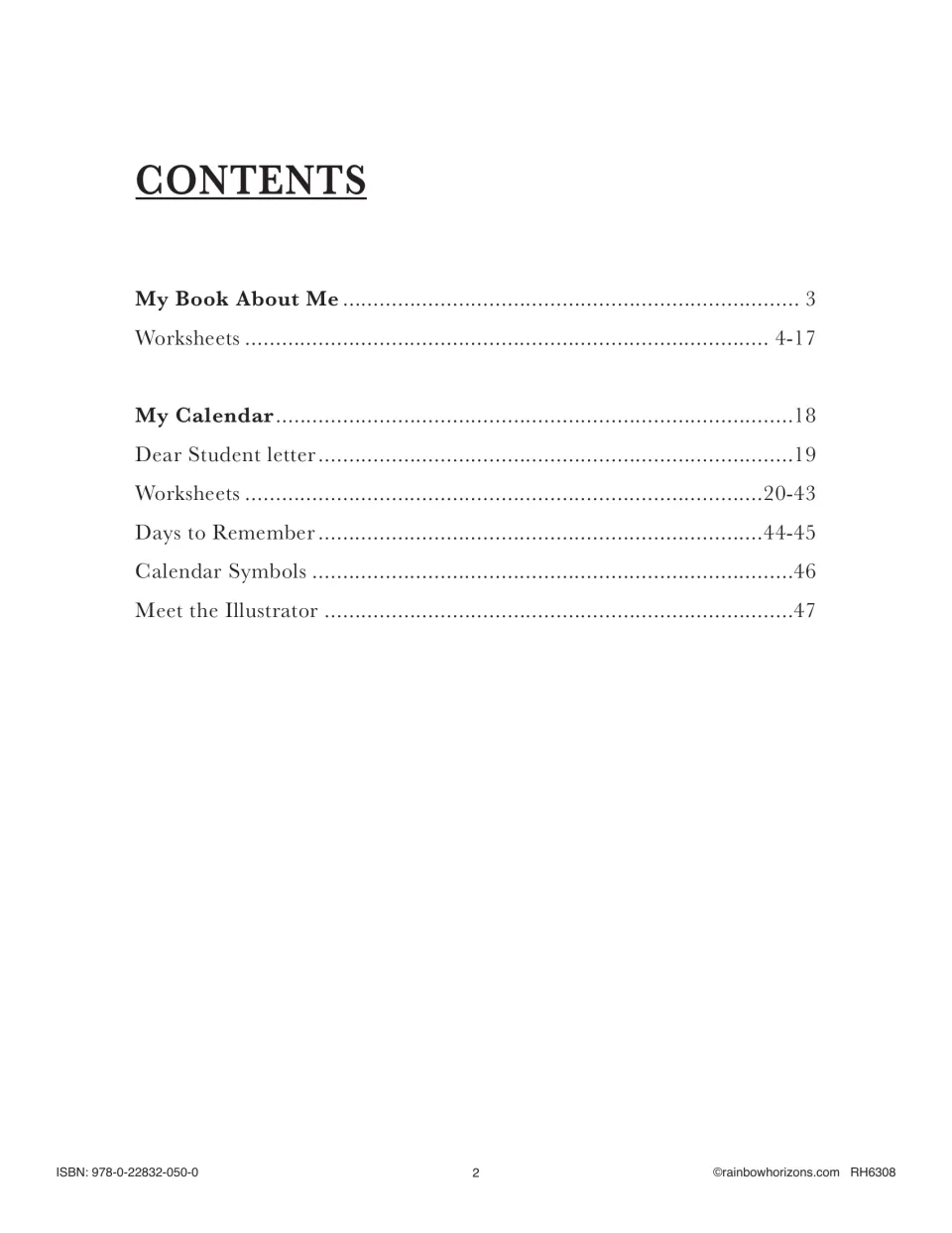 Contents listing My Book About Me worksheets, My Calendar, a Dear Student letter, Days to Remember and Calendar Symbols