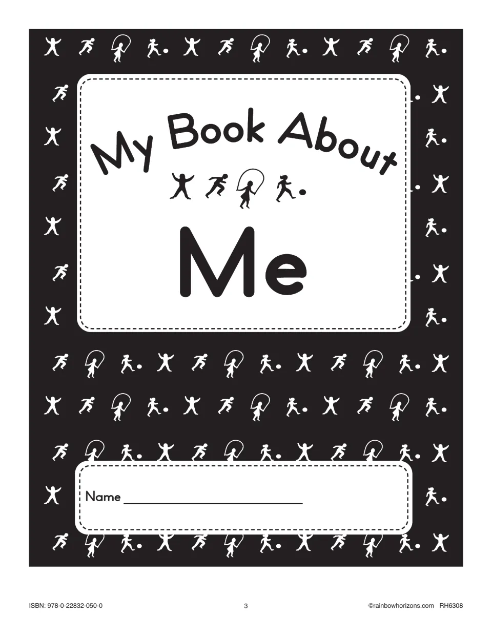 My Book About Me booklet cover: students write their name; decorated with children skipping and running