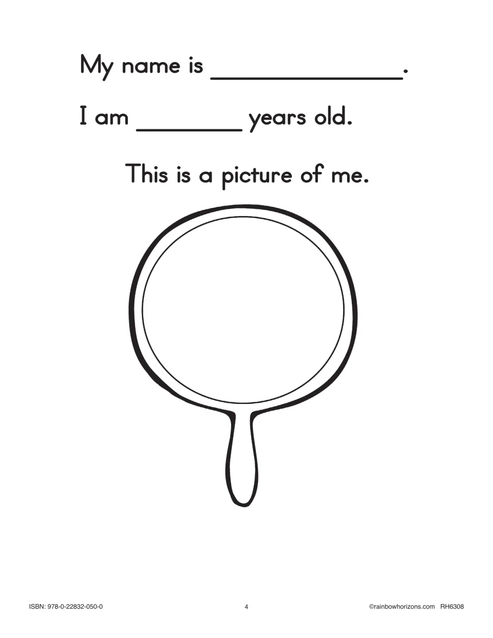 Self-introduction page: students write their name and age, then draw a self-portrait inside a hand mirror