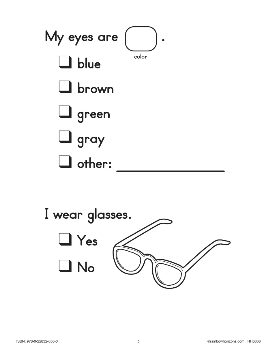 Eye color page: students check blue, brown, green, gray or other, color in their eye color and tick yes or no for glasses