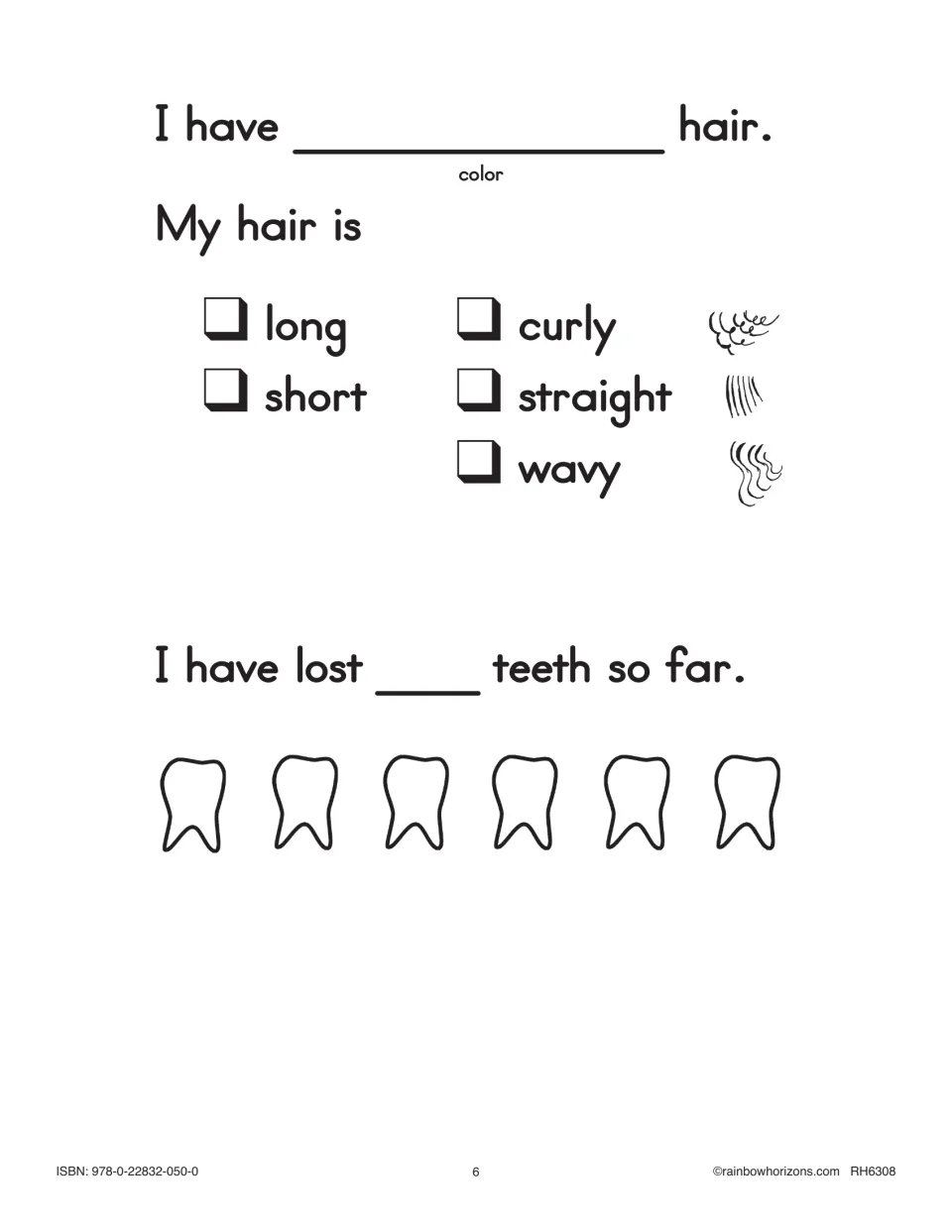 Hair and teeth page: students write hair color, check long, short, curly, straight or wavy, then count lost teeth