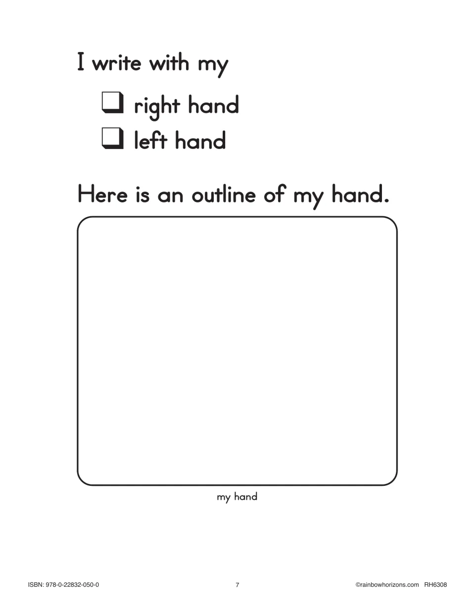 Handedness page: students check whether they write with their right or left hand, then trace an outline of their hand