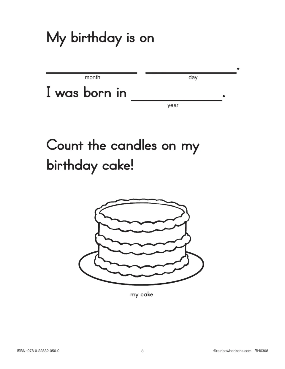 Birthday page: students write their birthday month, day and birth year, then draw and count candles on a birthday cake