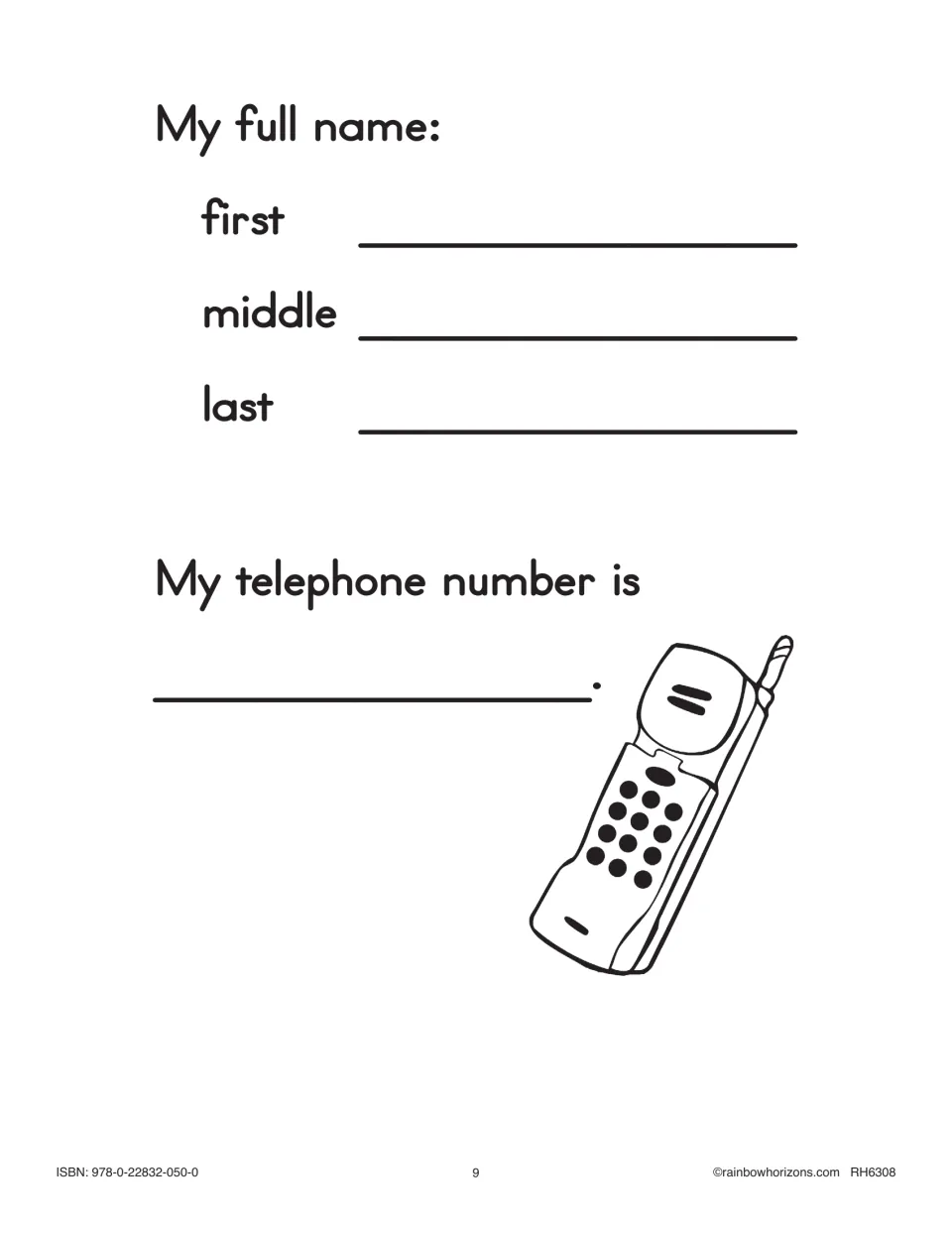Full name and phone page: students write their first, middle and last names and telephone number beside a cell phone