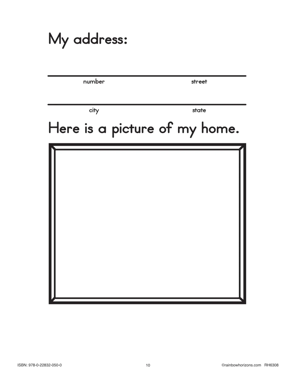 Home address page: students write their street number, street, city and state, then draw a picture of their home