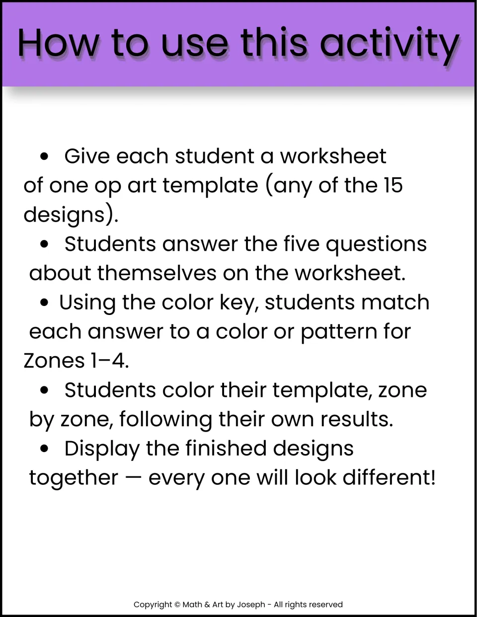 Activity instructions: answer five personal questions, use the color key, color Zones 1–4, and display designs