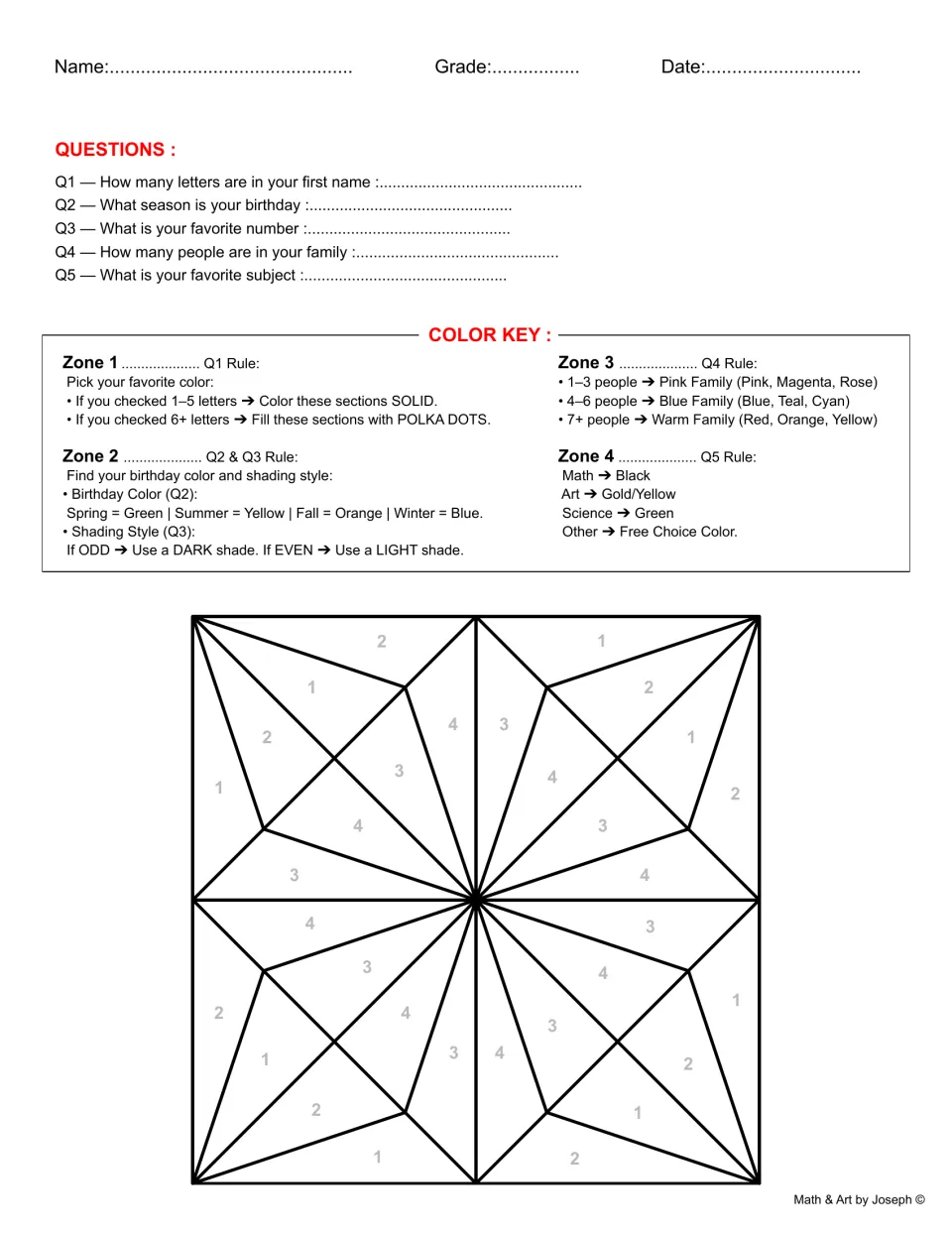 Op art worksheet 1: five personal questions and a color key for a triangular design meeting at the center