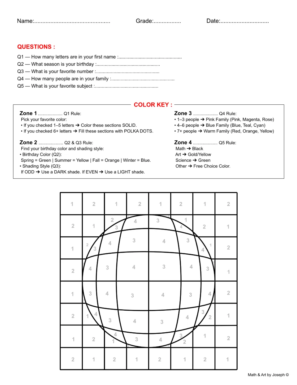 Op art worksheet 2: five personal questions and a color key for a rounded sphere design labeled Zones 1–4