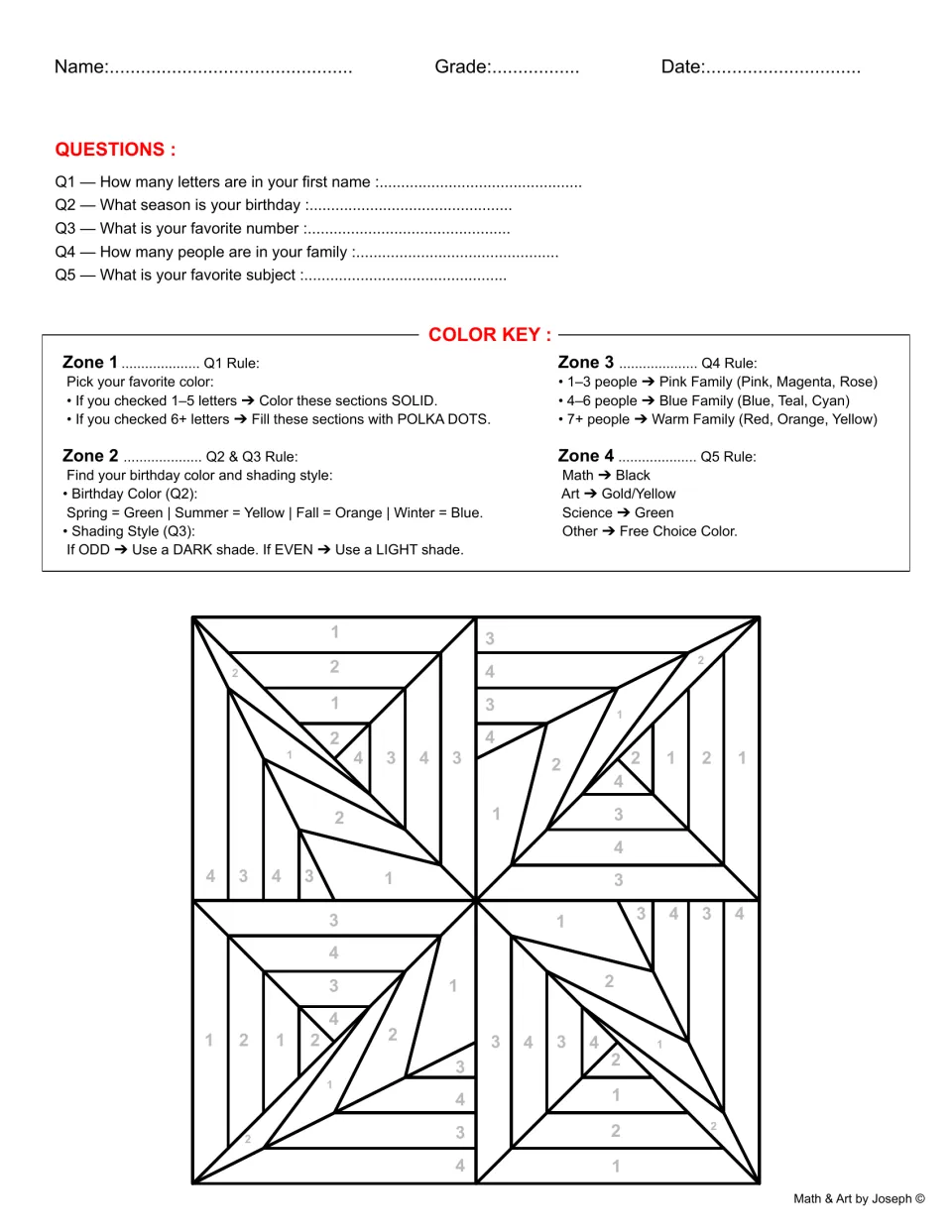 Op art worksheet 5: five personal questions and a color key for four angular spiral shapes labeled Zones 1–4