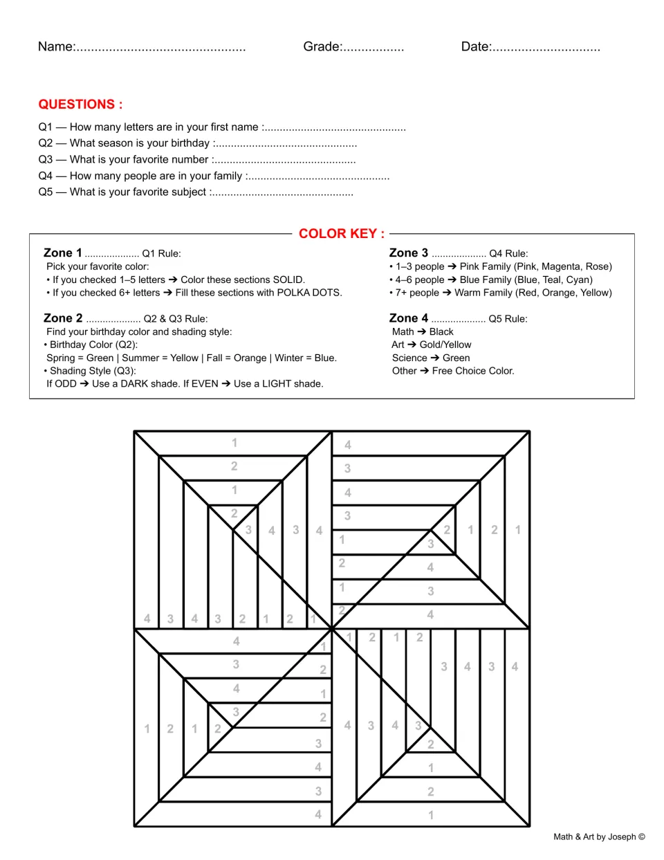 Op art worksheet 7: five personal questions and a color key for four nested corner shapes labeled Zones 1–4
