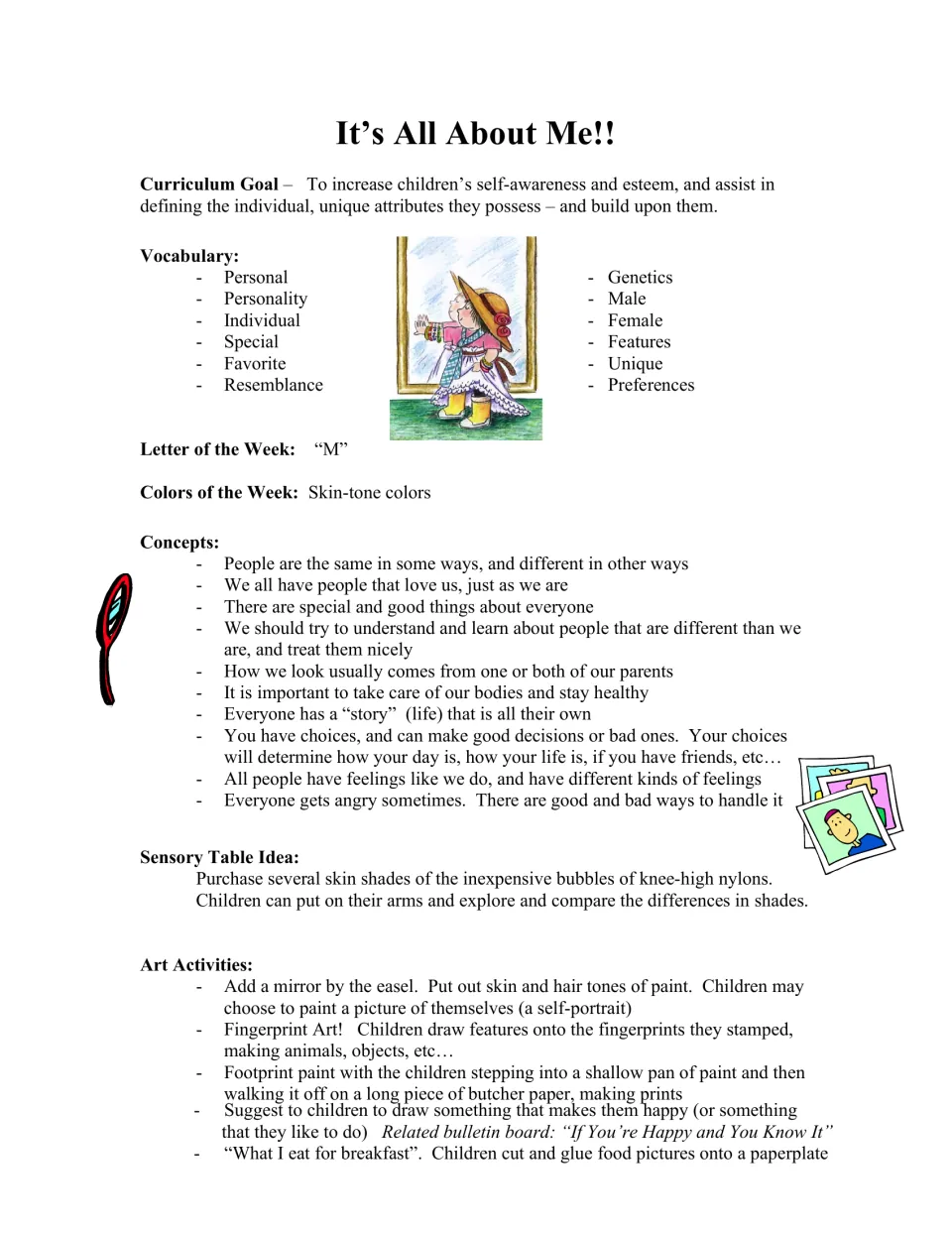 Theme overview: goal, 12 vocabulary words, letter M, skin-tone colors, concepts, sensory table and self-portrait art