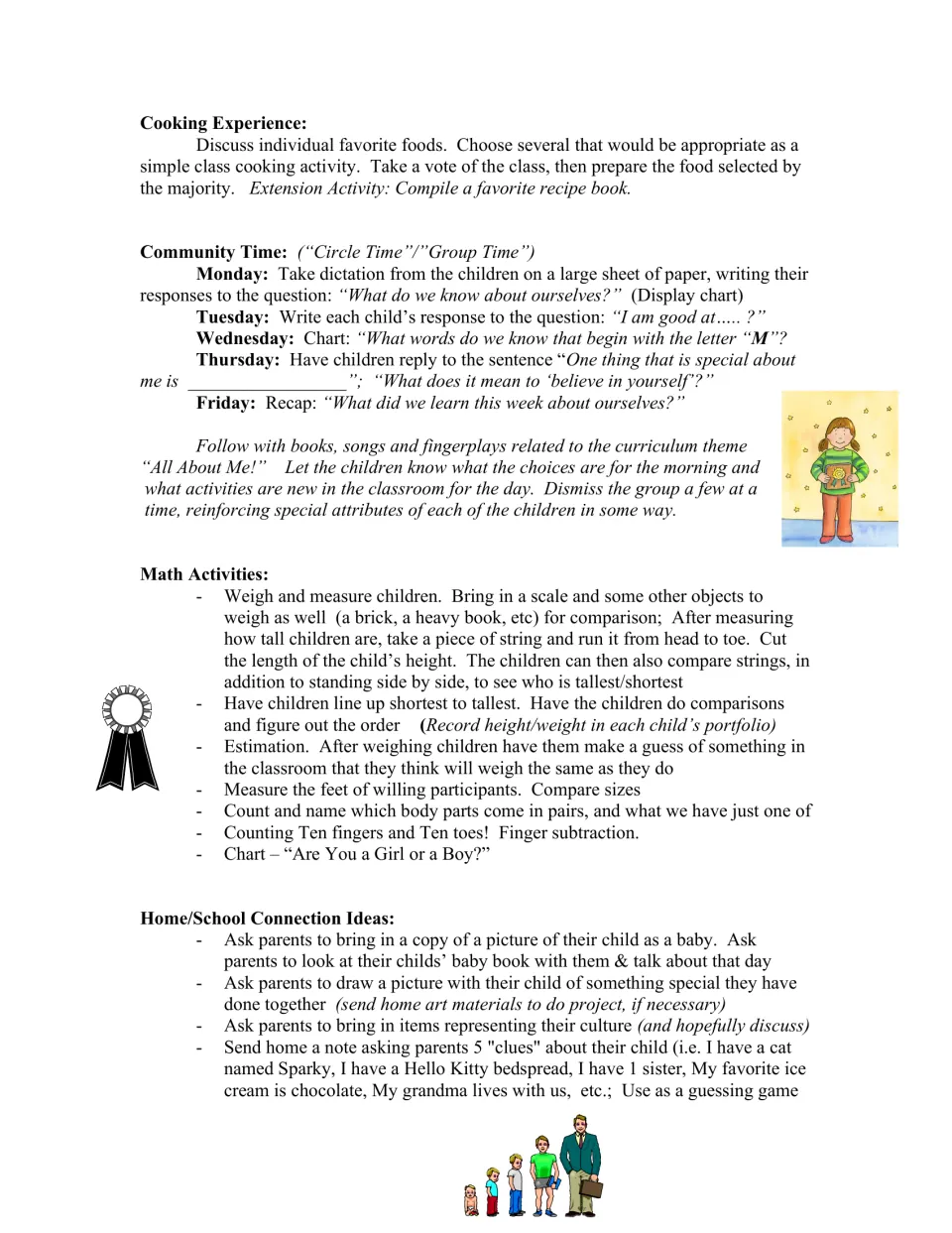 Cooking vote, Monday to Friday circle-time questions, math for weighing and ordering heights, and home-school links