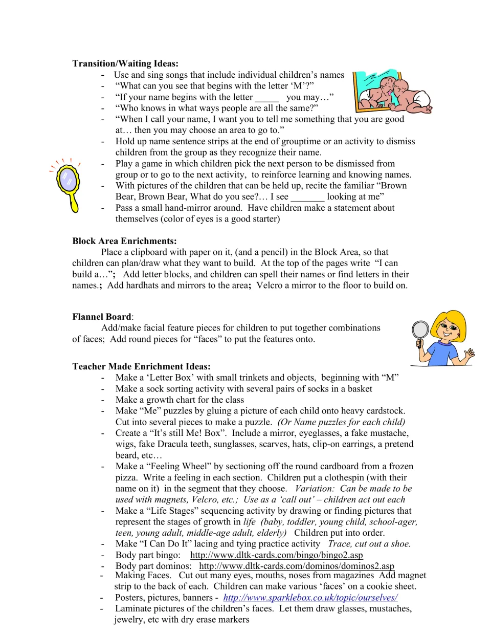 Name-based transitions, block area and flannel board ideas, plus a teacher-made feeling wheel and life stages sequencing