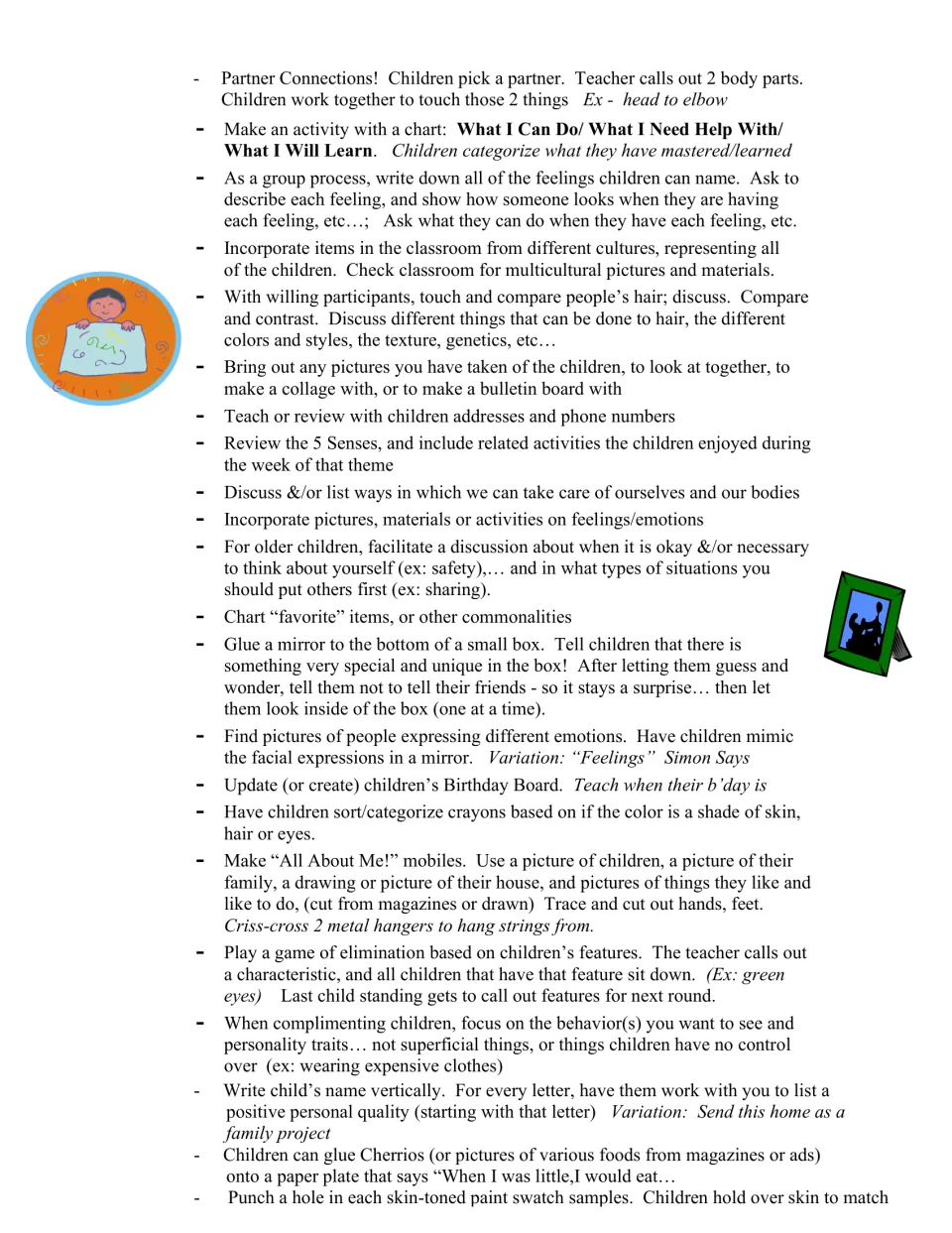 More ideas: partner body-part touch game, What I Can Do chart, feelings talk, a mirror surprise box and a features game