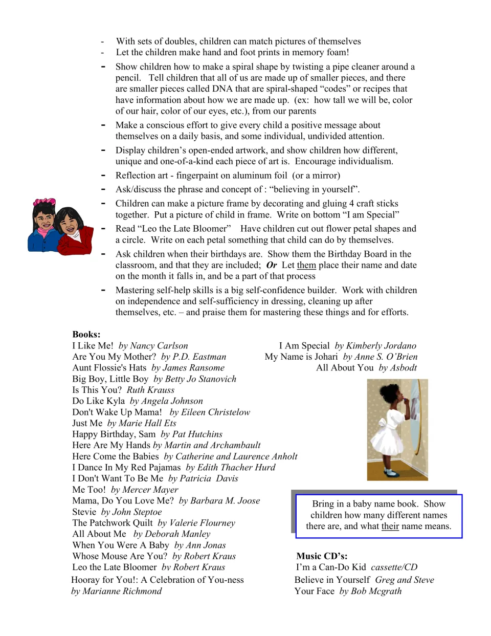 Last ideas, including pipe cleaner DNA spirals and Leo the Late Bloomer petals, then a picture book list and music CDs