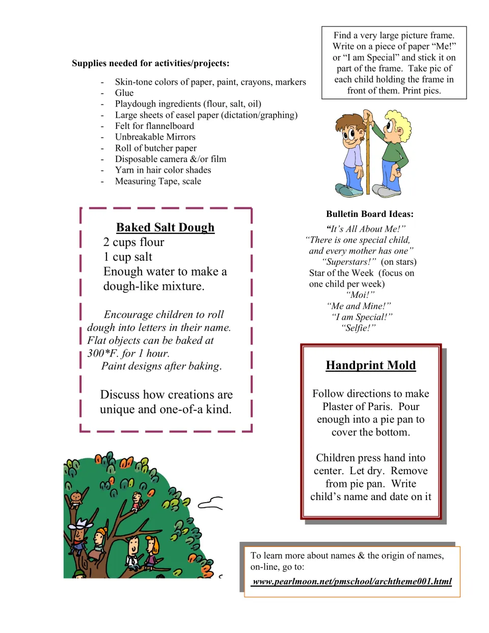 Supplies list, salt dough recipe for name letters, handprint mold steps and bulletin board titles like Superstars!
