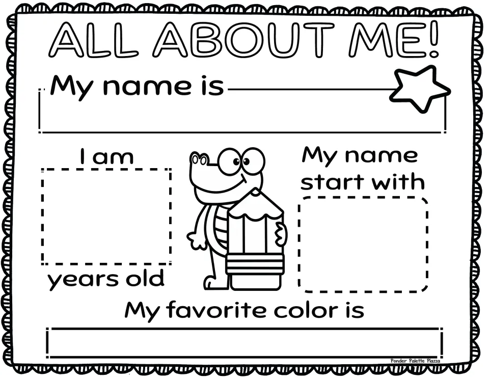 All About Me! page: students write their name, age, the first letter of their name and favorite color beside a crocodile