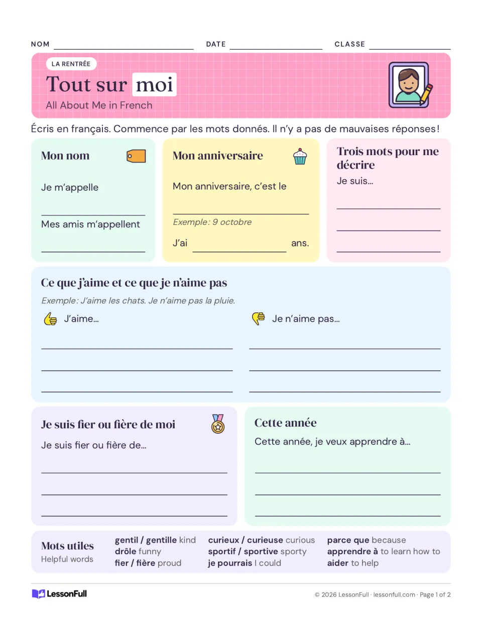 French personal profile, page 1: name, birthday, age, three describing words, likes, pride, and learning goals.
