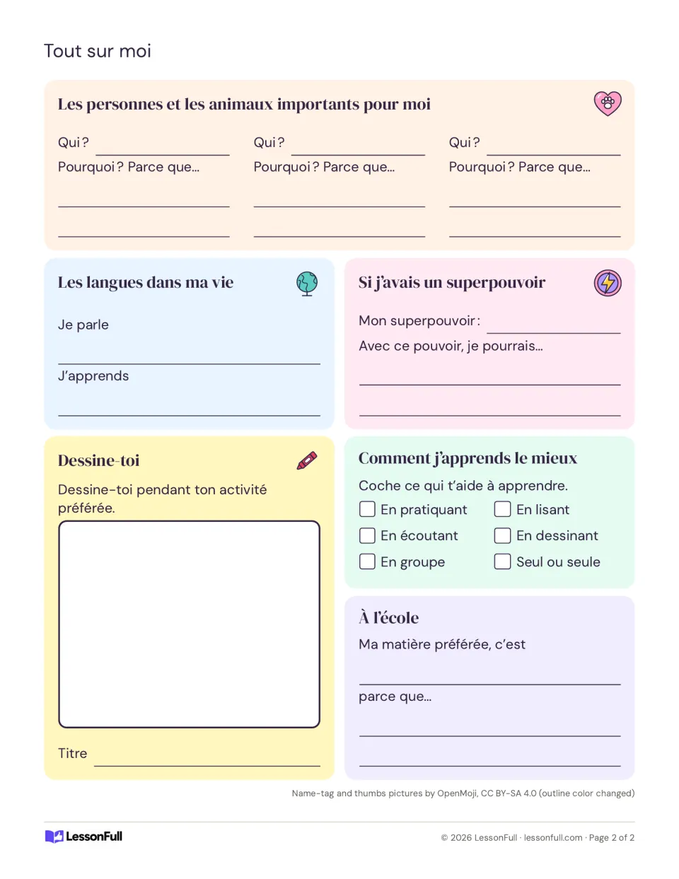 French personal profile, page 2: important people and animals, languages, superpowers, and school preferences.