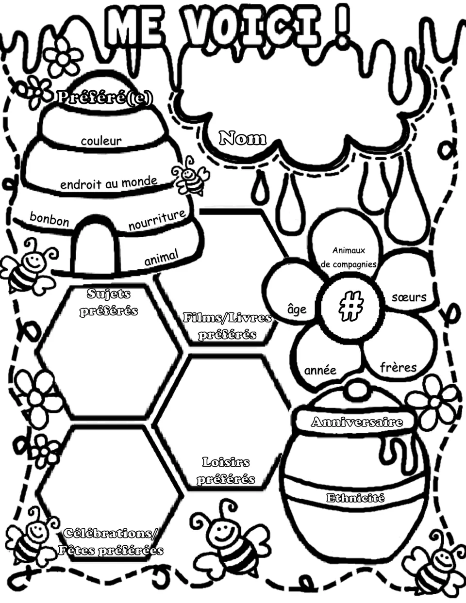 French all-about-me worksheet: Nom (name), âge (age), favorite foods, hobbies, subjects, and birthday.