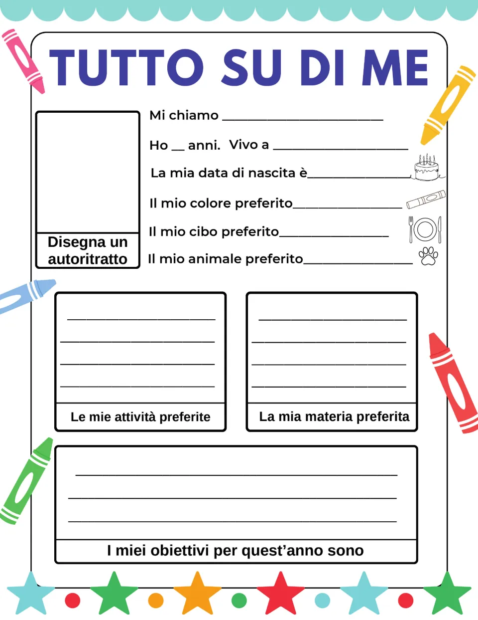 Italian self-introduction: students complete Mi chiamo, age, city, birthday and favourites, and draw a self-portrait