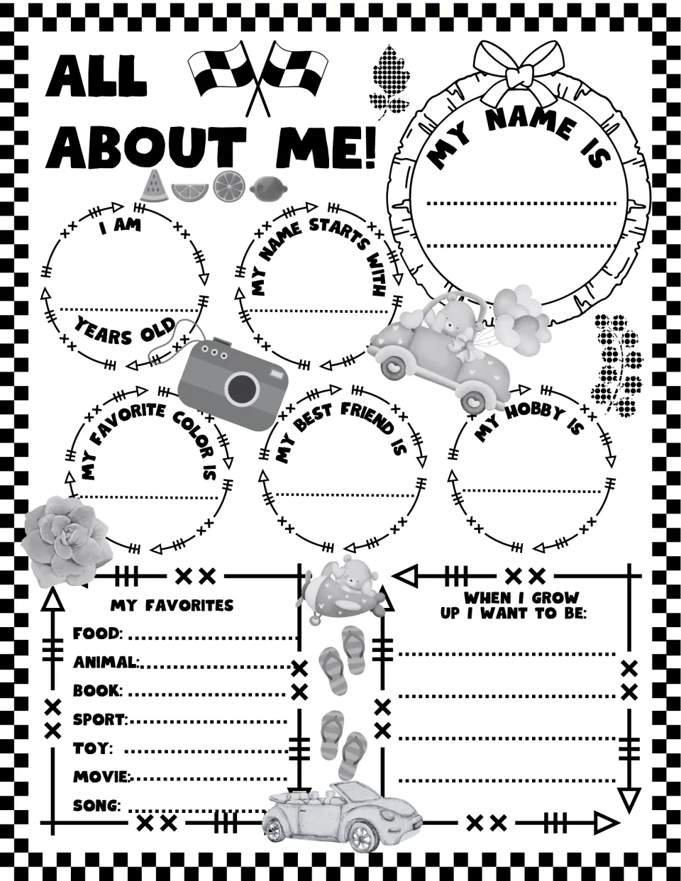 All About Me in black and white: students write their name, age, favorite color, best friend, hobby and future job