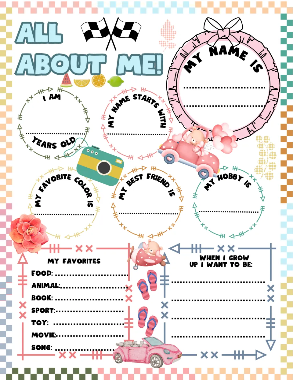 Full-color All About Me sheet: students record name, age, hobby and favorite food, toy, song and movie