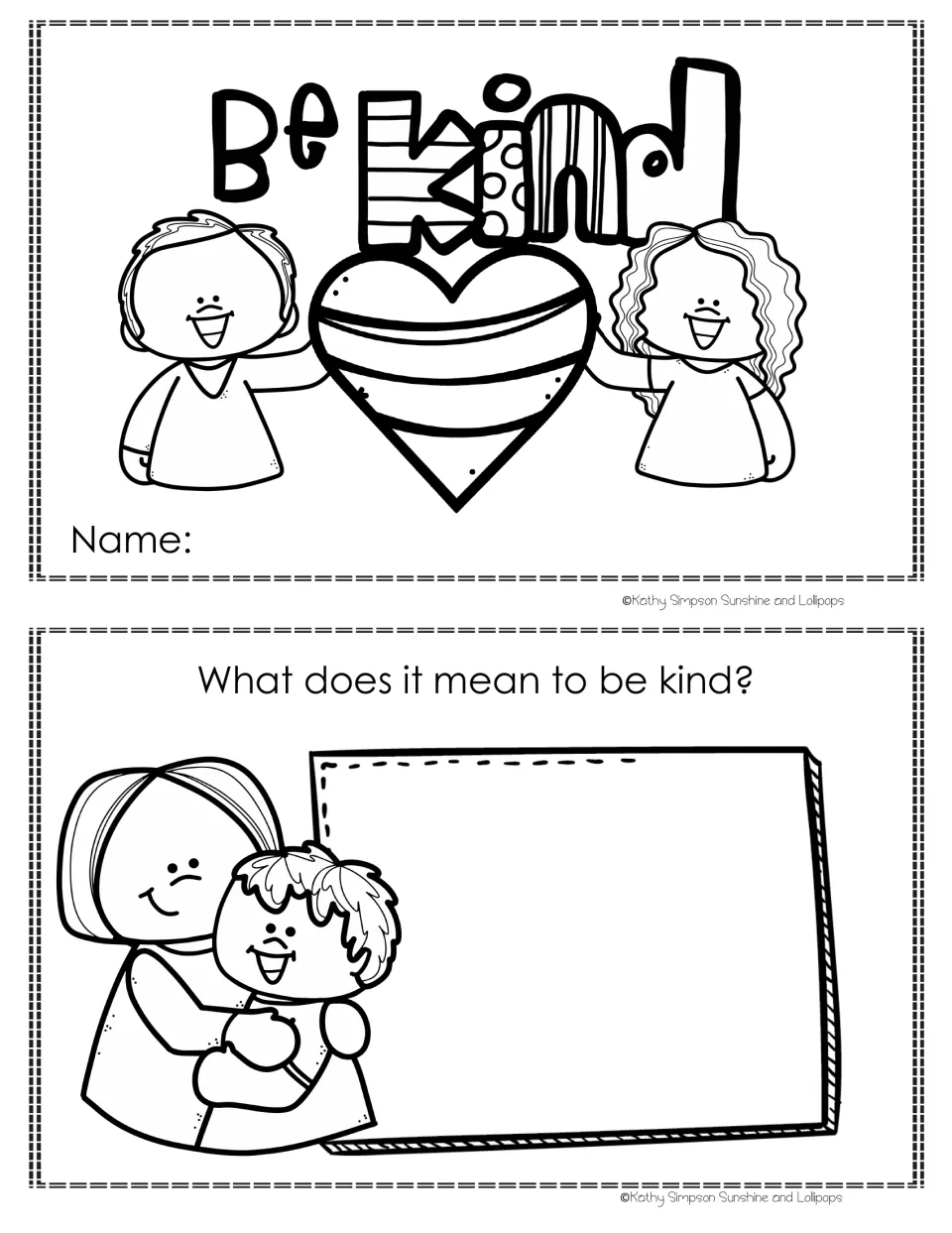 Kindness booklet cover titled “Be Kind,” with a name space, and the prompt “What does it mean to be kind?”