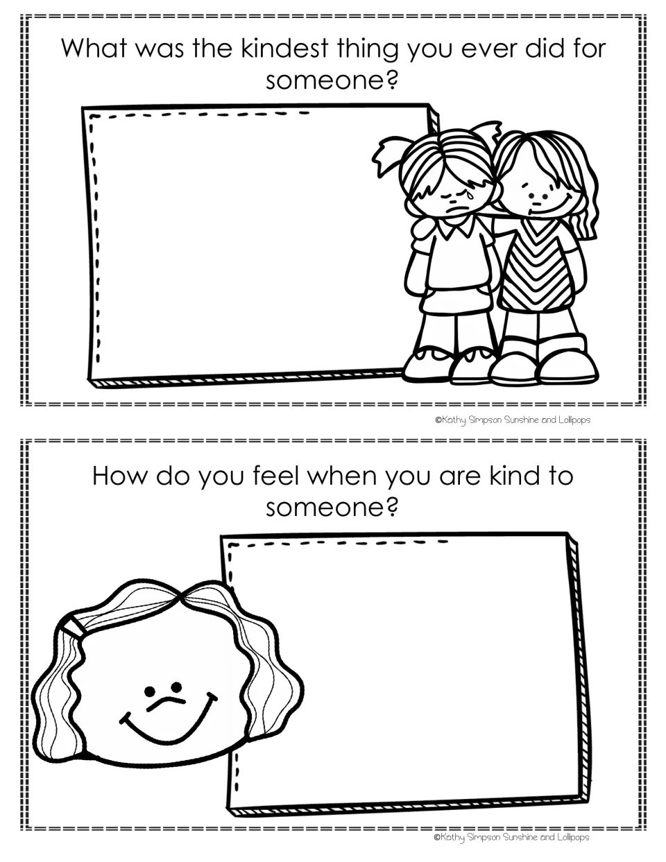 Kindness booklet prompts ask about the kindest thing students have done and how being kind makes them feel.