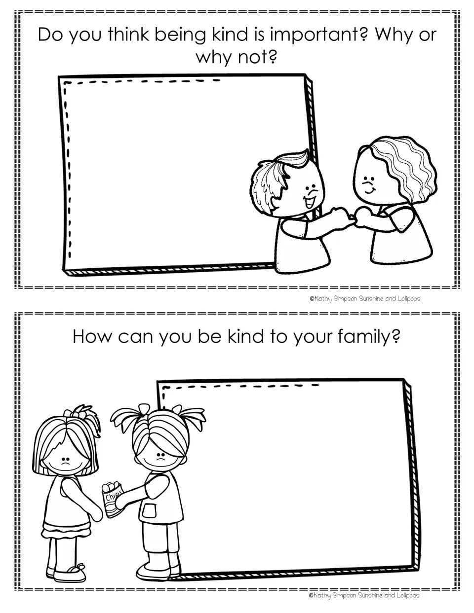 Kindness booklet prompts ask whether being kind is important, why or why not, and how to be kind to family.