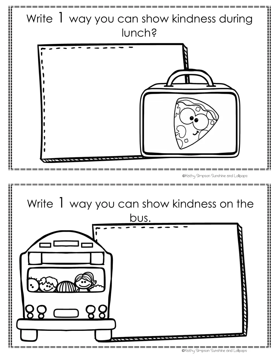 Kindness booklet writing prompts ask students for one way to show kindness during lunch and one on the bus.