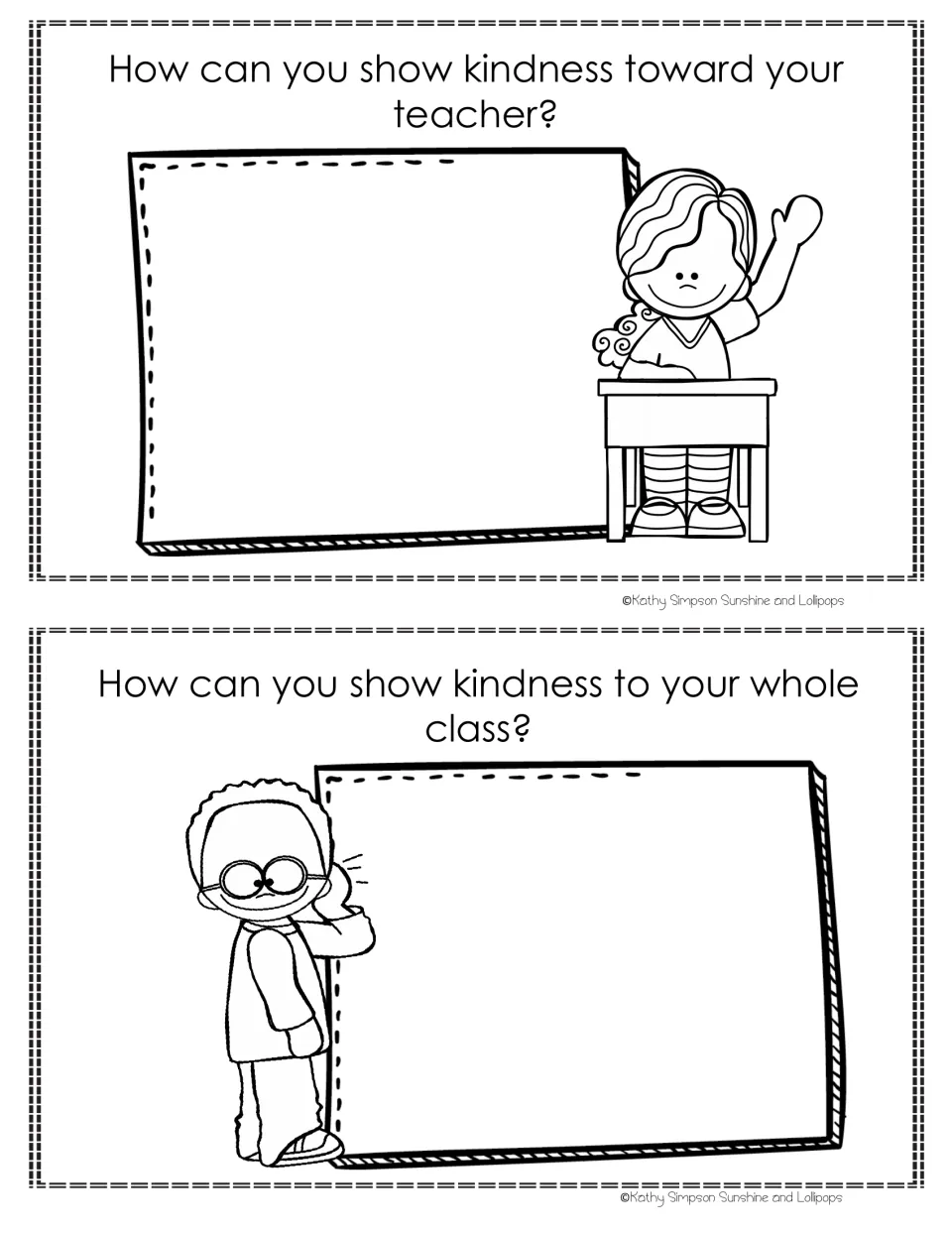 Kindness booklet writing prompts ask how students can show kindness toward their teacher and whole class.