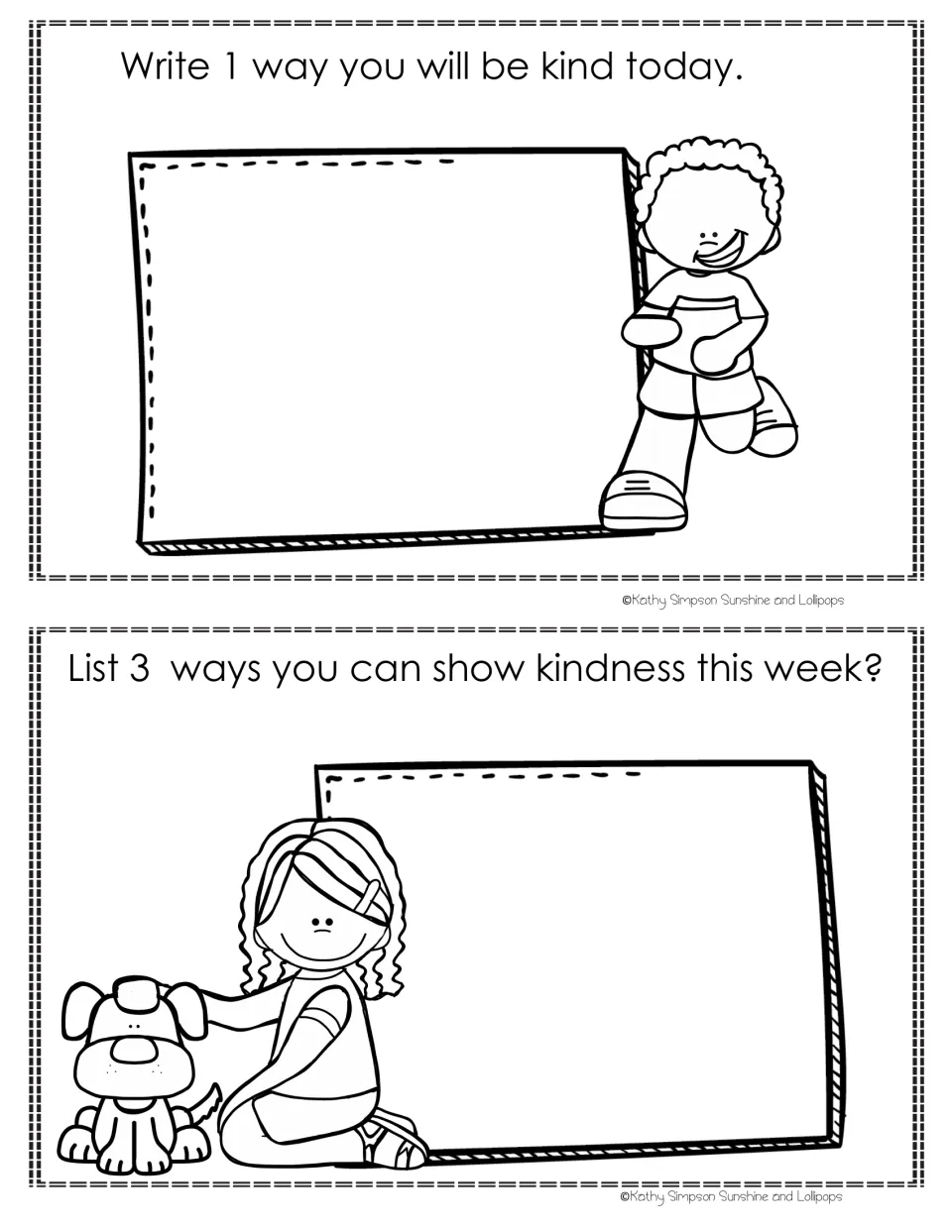 Kindness booklet writing prompts ask for one way to be kind today and three ways to show kindness this week.