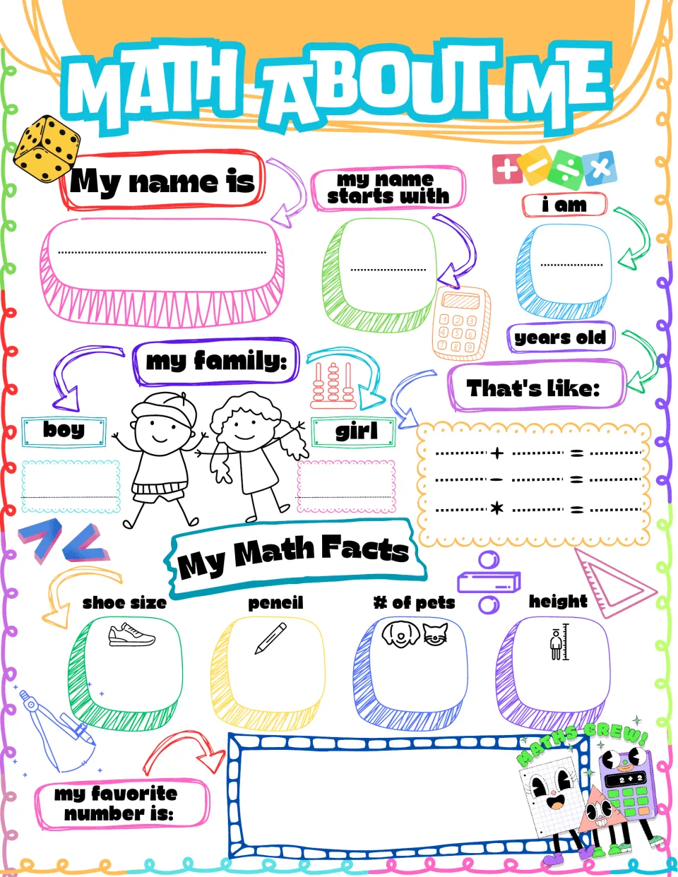 Math About Me in color: students record name, age as +, - and × equations, family count, math facts, favorite number