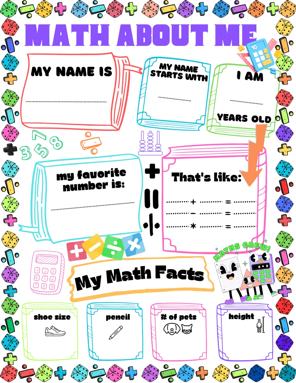 Color version of Math About Me: students fill in name, age and number equations, then record shoe size, pets and height