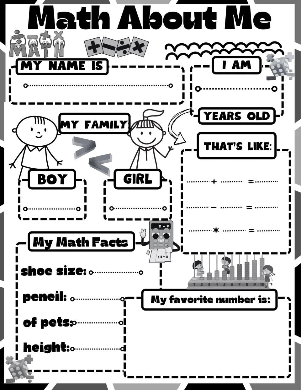 Black-and-white math profile for name, age, family, equations, personal math facts, and a favorite number.
