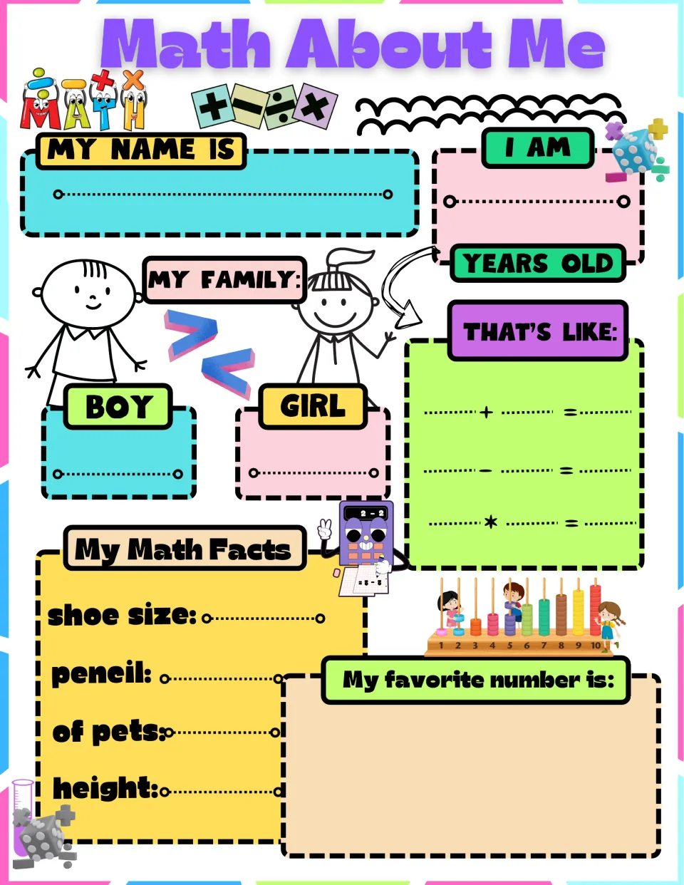 Color math profile for name, age, family, equations, shoe size, pets, height, and a favorite number.