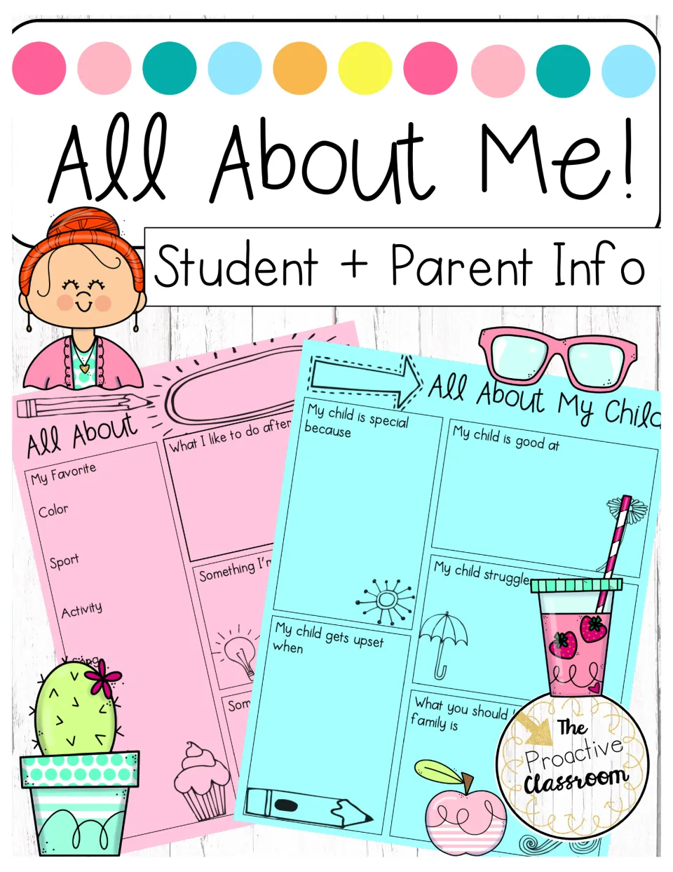All About Me! Student + Parent Info cover showing a pink student form and a blue All About My Child parent form