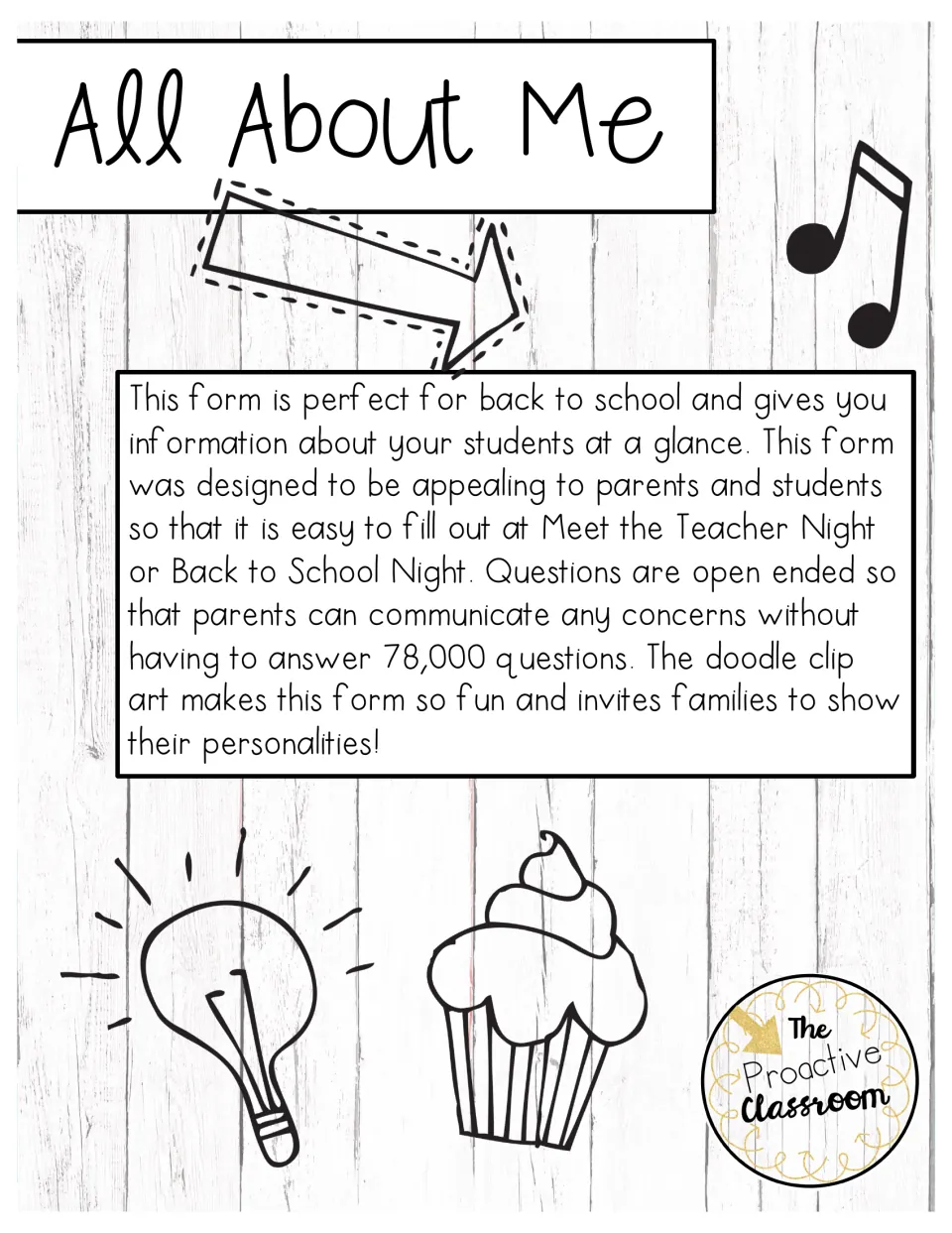 Teacher note explaining the All About Me form is for families to fill out at Meet the Teacher or Back to School Night