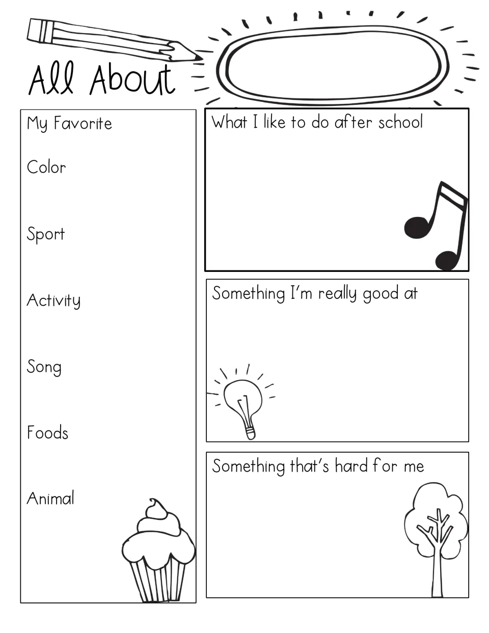 Student profile: children write their name, favorite color, sport, song, food and animal, after-school fun and strengths