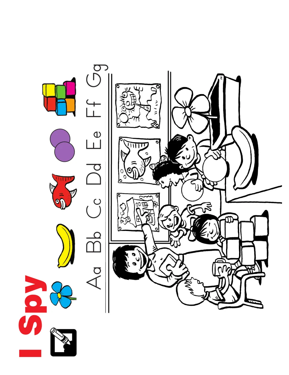 I Spy activity: find a flower, banana, fish, circles, and blocks in a classroom scene beneath letters Aa–Gg