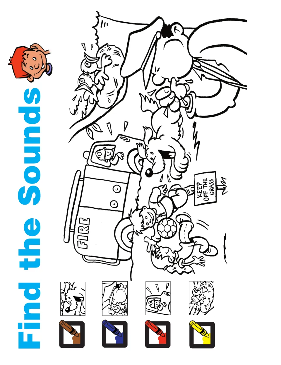 Find the Sounds activity: color a dog, a man blowing his nose, a fire truck bell, and birds using the key