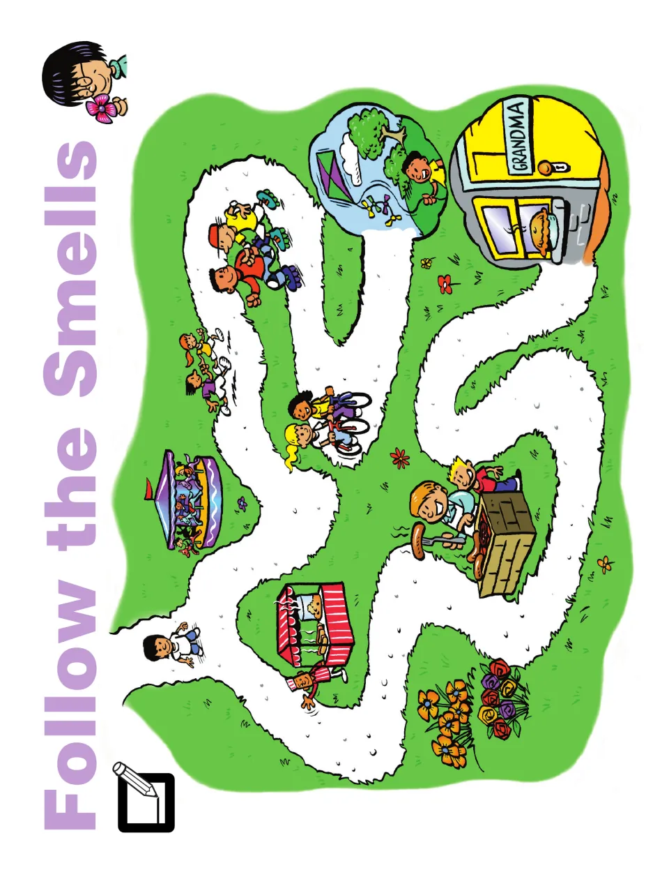 Follow the Smells activity: trace a route past flowers and food in a park scene toward Grandma's house