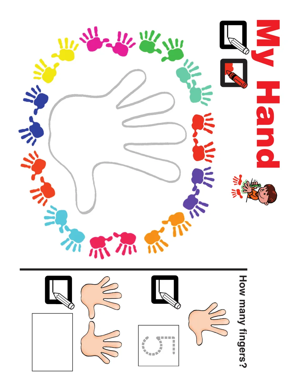 My Hand activity: trace and color a hand, trace the number 5, and count fingers shown on one and two hands