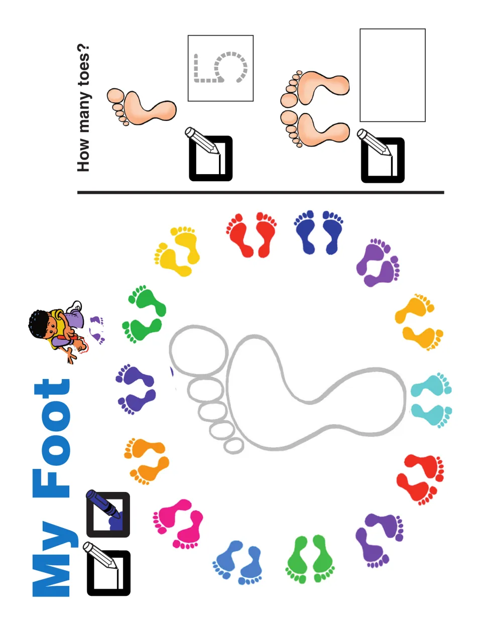 My Foot activity: trace and color a foot, trace the number 5, and count toes shown on one and two feet