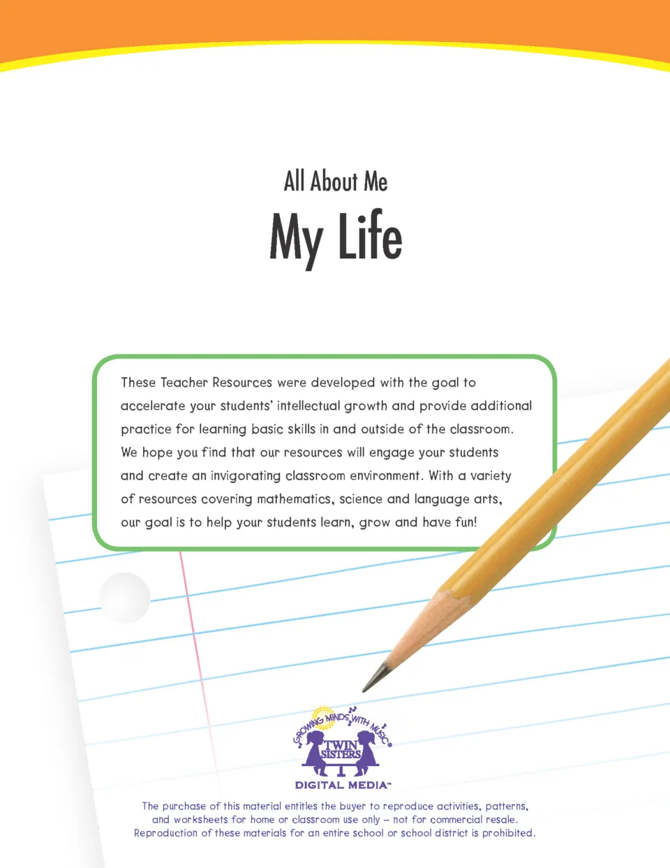 All About Me: My Life cover from Twin Sisters Digital Media, with an intro note and a classroom-use reproduction notice