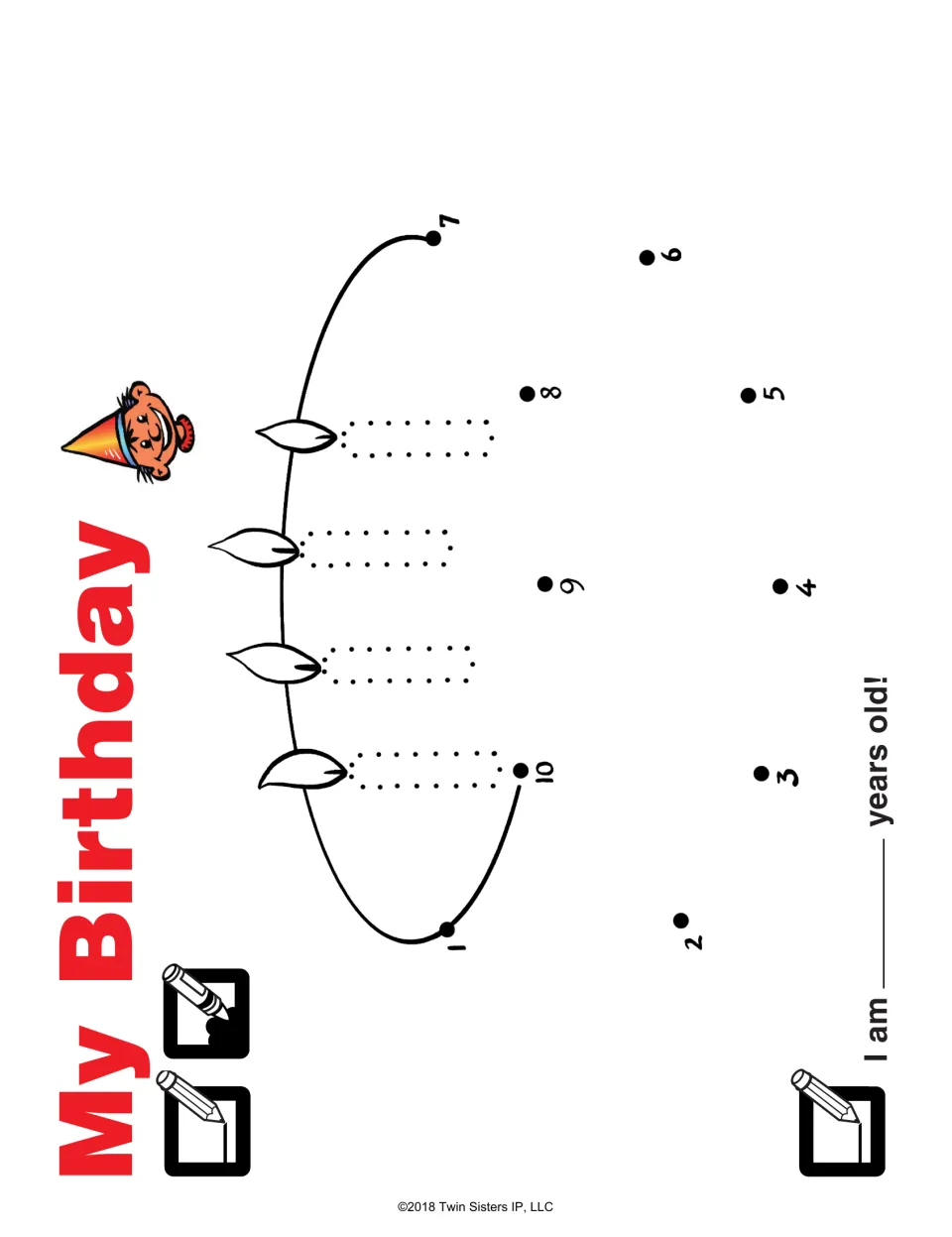 My Birthday: students connect dots 1 to 10 to finish a cake, trace the candles and write their age in 'I am _ years old!'