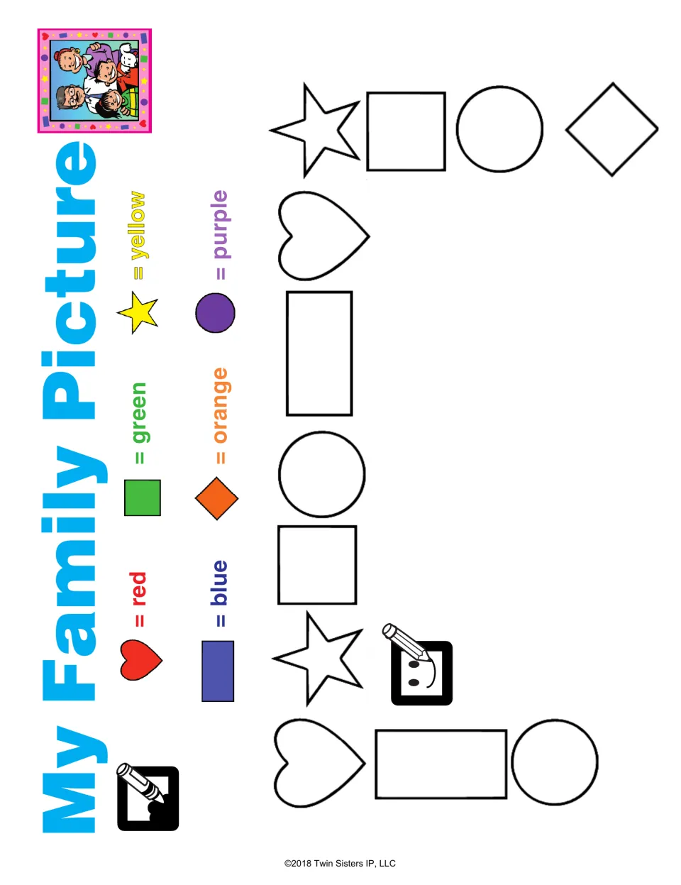 My Family Picture: students color shapes by a key (heart red, square green, star yellow) and draw their family inside
