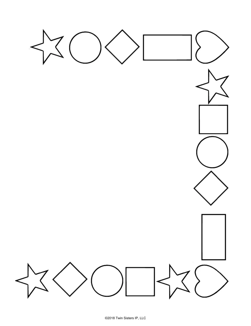 Blank drawing space ringed by outlined stars, circles, diamonds, rectangles and hearts, with no heading or directions